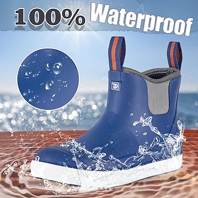 Front view of Trudave DeckFlow Series women’s ankle waterproof rubber deck boots in legion blue highlighting seamless 100% waterproof design for boating and fishing use
